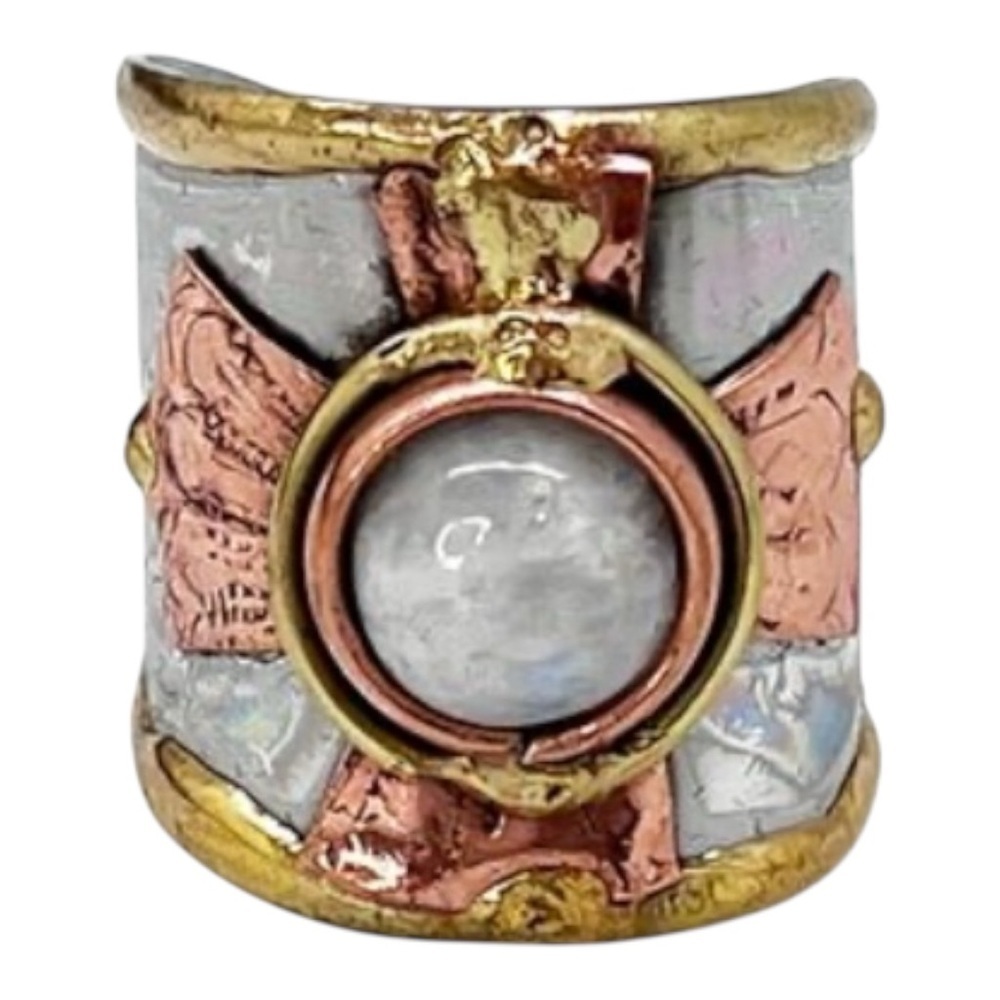 Mixed Metal Adjustable Ring Stainless Steel Copper Brass Moonstone NEW Artisan - Picture 2 of 3